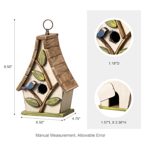 Glitzhome® 9.5" White Distressed Wood Birdhouse with Leaves